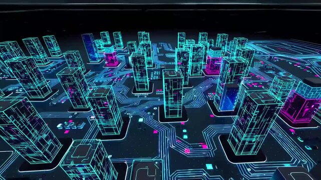 Three-dimensional computerized ry of blue extensive metropolis on dark backdrop