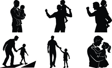 Vector art of collection of father and child silhouettes showing bonding and activities
