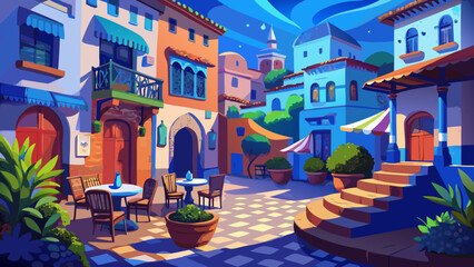 Obraz premium A beautiful square in Chefchaouen shines under warm light, with blue-toned walls surrounding lively cafes. The artistic view captures the city’s beauty, blending Moroccan tradition with peaceful, colo