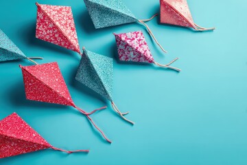 Colorful origami kites on a vibrant blue background