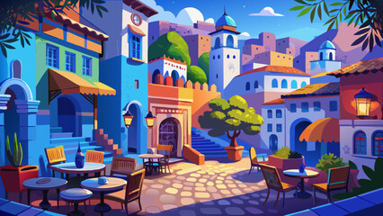 Obraz premium A beautiful square in Chefchaouen shines under warm light, with blue-toned walls surrounding lively cafes. The artistic view captures the city’s beauty, blending Moroccan tradition with peaceful, colo
