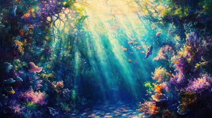 Fototapeta premium Vibrant underwater coral reef scene with sunlight beams.