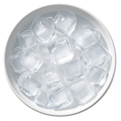 Round clear glass bowl filled with ice cubes isolated on white background, transparent crystal ice in circular glass dish, minimal food and drink