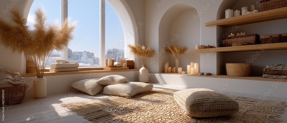 Poster neatly arranged wardrobe space features light-colored fabrics and natural materials, creating a calm