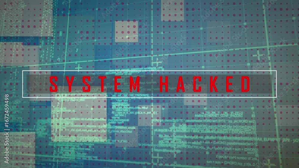 Aufkleber animation of system hacked text banner and data processing against sqaure shapes on blue background