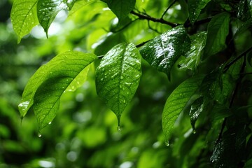 Close up of dewey green leaves in lush nature setting