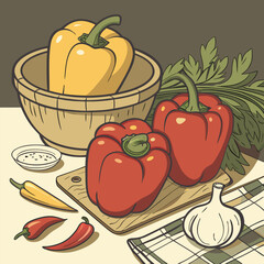 Colorful still life of bell peppers and ingredients