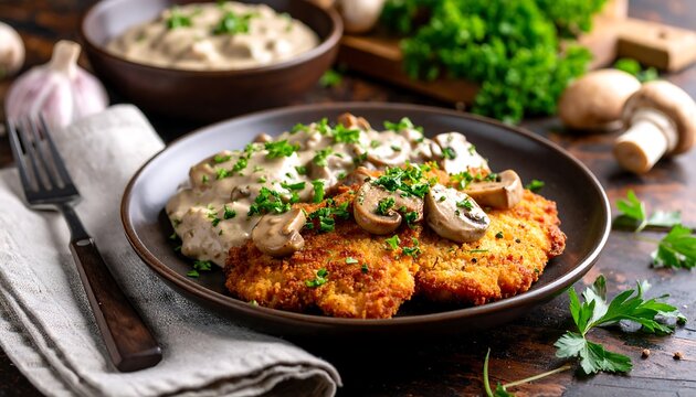 Crispy breaded cutlet with creamy mushroom sauce