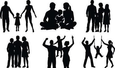 Vector art of collection of diverse family silhouettes in various poses