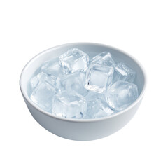 Round clear glass bowl filled with ice cubes isolated on white background, transparent crystal ice in circular glass dish, minimal food and drink