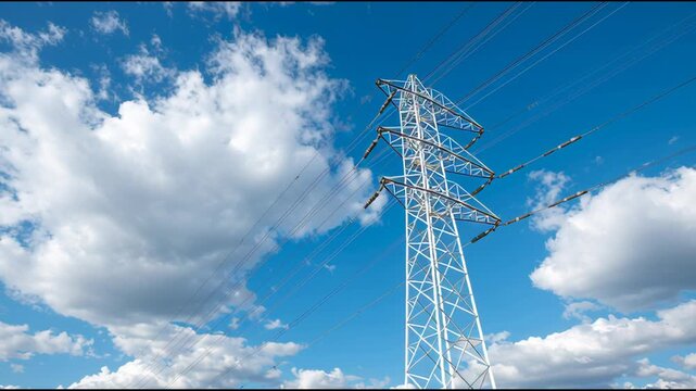 Clear blue sky with white clouds over a green field and a tall metal power line tower in nature, video footage.