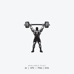 Vintage retro gym logo with barbell icon, Abstract strength and fitness studio brand identity, Minimalist masculine workout emblem for apparel