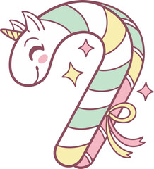 Kawaii Unicorn Candy Cane with Bow and Stars cute magical