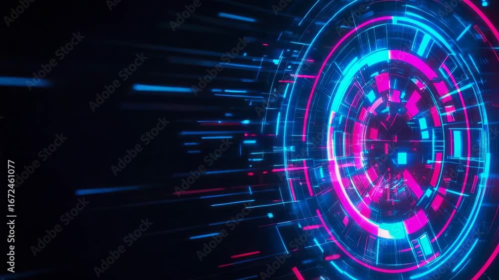 Poster dynamic abstract circular interface emitting glowing neon blue and magenta data streams, symbolizing