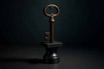 Vintage heart-shaped key on pedestal with dark background - Chave vintage com formato de coração em pedestal sobre fundo escuro