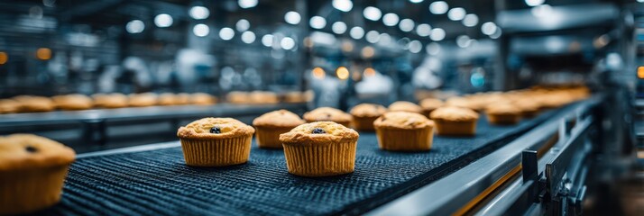 Freshly baked muffins moving along a production line in a busy bakery during daylight hours