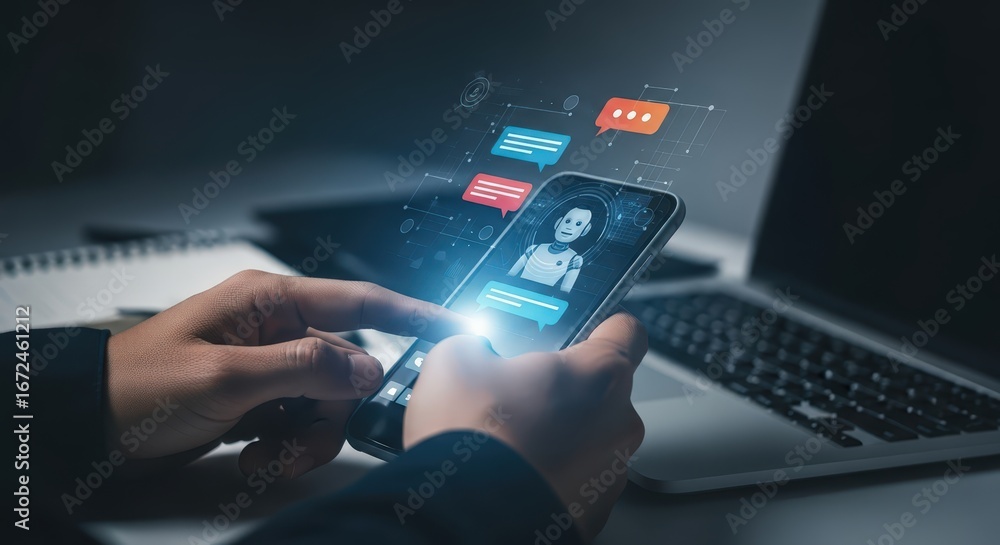 Aufkleber person using a smartphone with ai chatbot conversation on screen