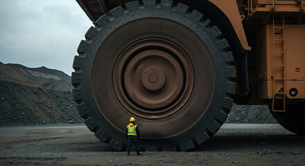 Massive mining truck tire with safety worker for scale comparison. Heavy industrial machinery in quarry operation. Mining equipment and workplace safety concept for banner
