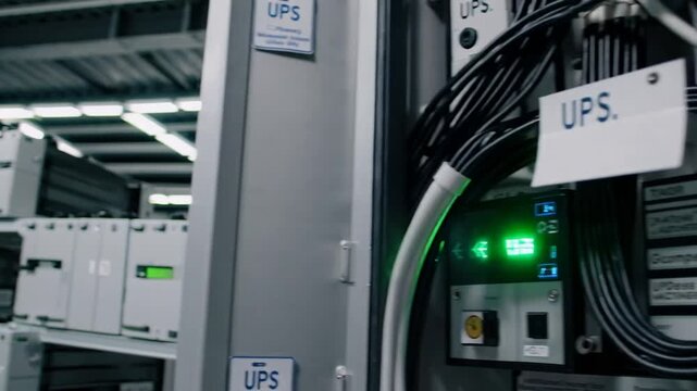Multiple energy storage units arranged on shelving and connected to large uninterrupted power supply battery system
