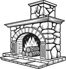 Stone fireplace with arched opening and burning fire