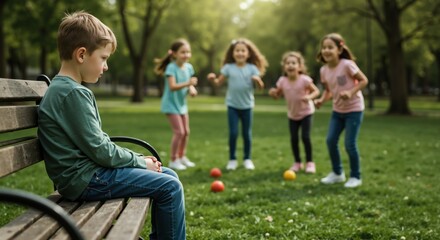 Fototapeta premium Sad child sitting alone on bench while kids play together in park. Bullying victim experiencing social rejection. Childhood loneliness and exclusion concept for banner