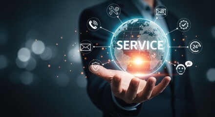 Obraz premium Businessman holding a glowing globe with the word service and icons