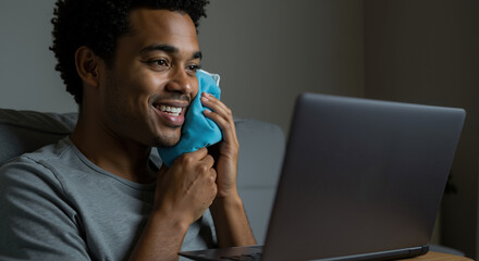 Happy African American man talking on smartphone while using laptop at home. Remote work and communication technology concept for banner