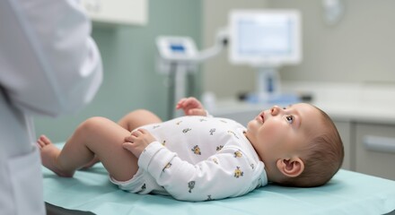 Cute baby during medical examination with pediatrician in hospital room. Professional infant health checkup and development monitoring. Child healthcare services banner
