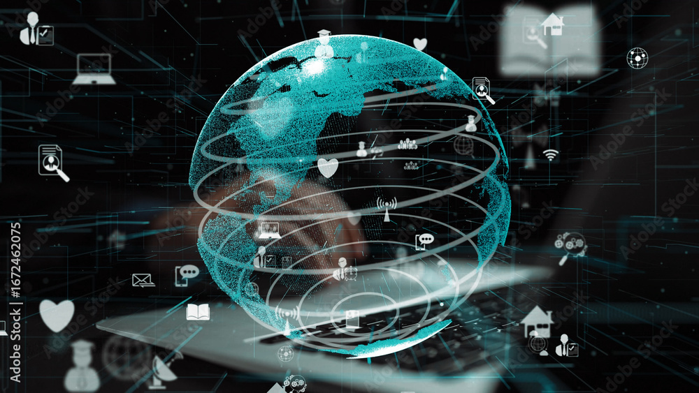 Poster a modern illustration of a digital globe, showcasing interconnected technology icons that symbolize 