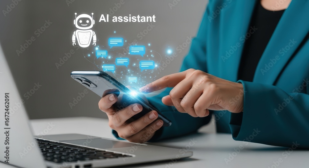 Poster person using smartphone with ai assistant and glowing data streams