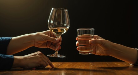 Hands toasting with wine glass and whiskey tumbler. Alcohol consumption and drinking celebration. Social gathering and party concept for banner