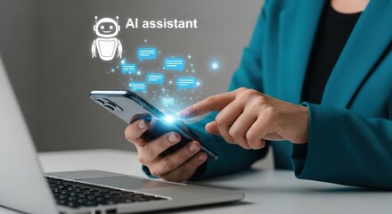 Person using smartphone with ai assistant and glowing data streams