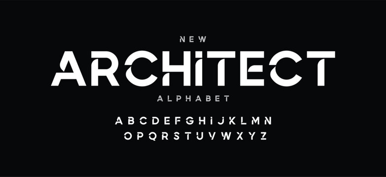 Architectural project font, technical draw style alphabet. Geometrical typography. Wireframe letters, typographic design with draft strokes for architecture logo and headline. Isolated vector typeset
