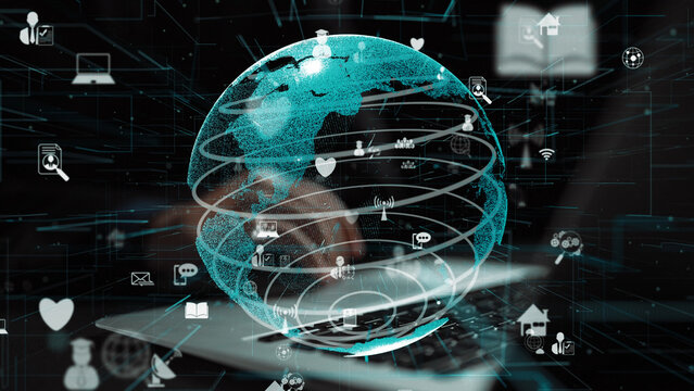 A modern illustration of a digital globe, showcasing interconnected technology icons that symbolize the dynamic world of data exchange and virtual communication in a globalized society. Xenic