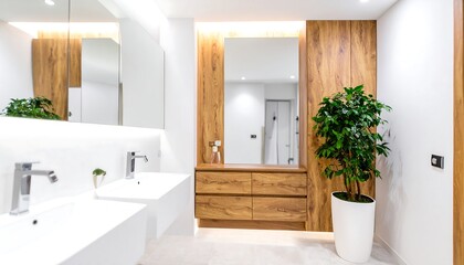 Modern bathroom with wood accent panels, white sinks, a mirror, and green potted plant