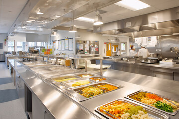 Efficient lunch service in school cafeteria, service featuring steaming hot food options, service maintaining meal temperature and quality