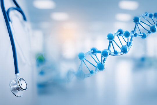 Stethoscope and a medical DNA structure background. Healthcare concept in hospital or clinic with molecular genetic research.
