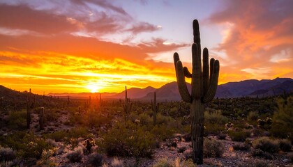 Vivid sunset over a desert landscape, featuring a tall saguaro cactus in the foreground