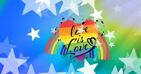Animation of love is love text in heart, stars over rainbow against multicolored background - Powered by Adobe