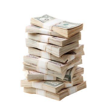 A tall stack of bundled currency notes representing wealth and financial prosperity isolated on transparent background