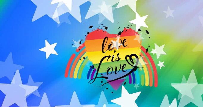 Animation of love is love text in heart, stars over rainbow against multicolored background