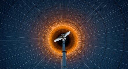 Wind turbine with orange energy burst effect against dark blue background. Renewable energy visualization with radiating light patterns. Green technology and sustainability banner