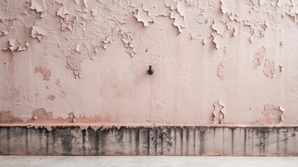 Peeling pink paint on the wall. Abstract background for design.Old weathered wall with wooden window and peeling paint. Abstract background.