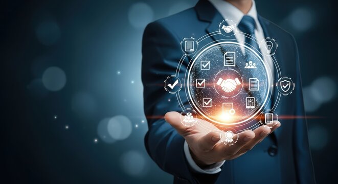 Businessman holding a digital interface with business process icons