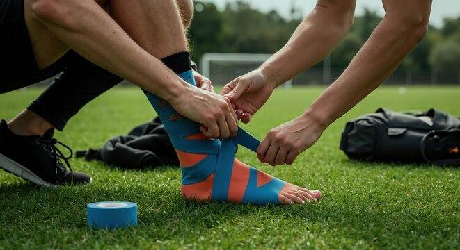 Athlete applying kinesiology tape on ankle after sports injury. Colorful therapeutic tape treatment on grass field. Sports medicine and recovery concept. Rehabilitation banner