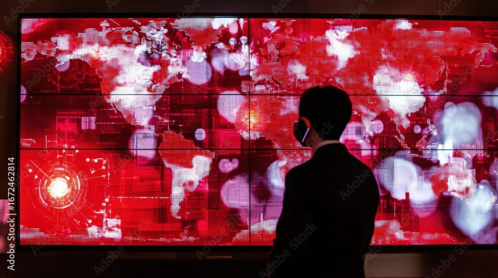 Poster global map display with technological elements.
