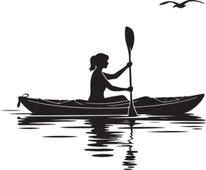 Silhouette of a woman kayaking on water with a bird flying above paddling