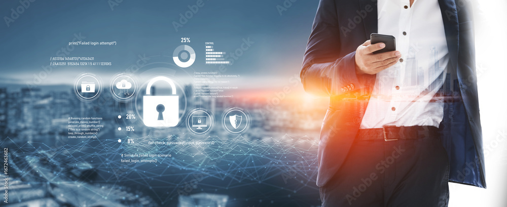 Poster cyber security protects against breaches, hacks, and network attacks using strong infrastructure and