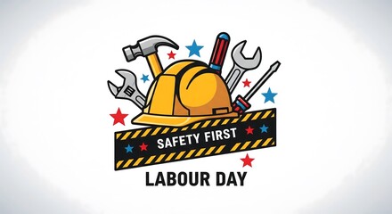 Labor Day emblem featuring a safety hard hat and various tools, representing workers' rights and occupational safety standards, perfect for holiday promotions