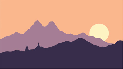 Sunset Over Layers of Rolling Hills and Mountains Landscape. Illustration of a Mountain Landscape at Sunset.